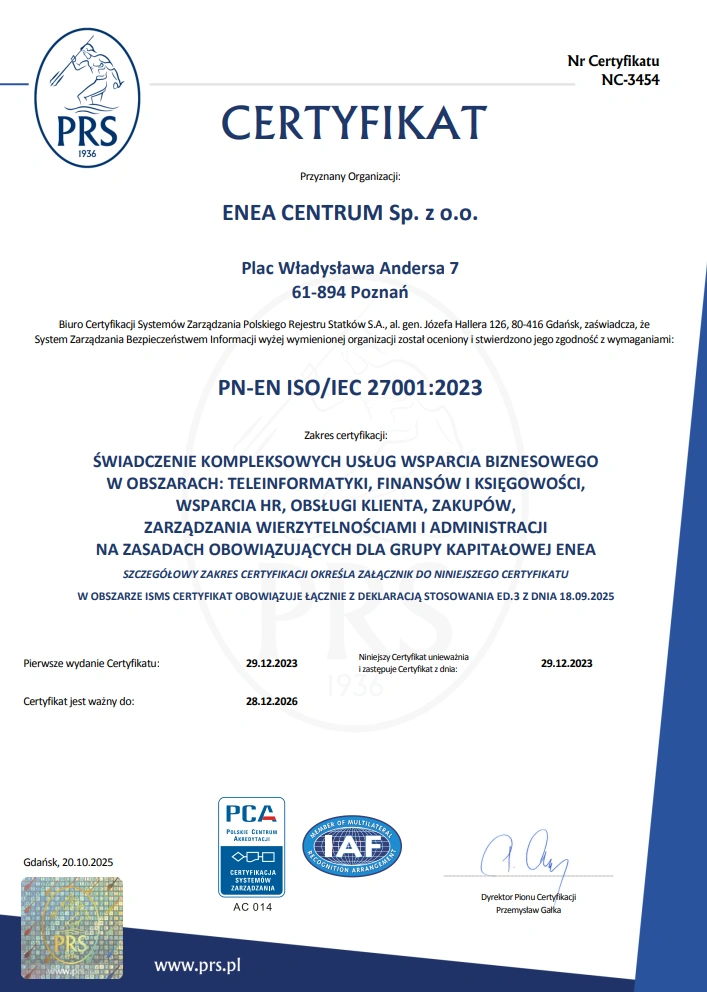 certyfikat iso enea centrum